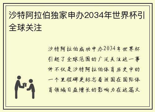 沙特阿拉伯独家申办2034年世界杯引全球关注