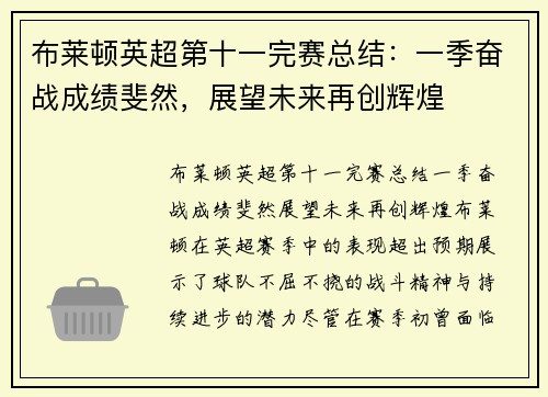 布莱顿英超第十一完赛总结：一季奋战成绩斐然，展望未来再创辉煌